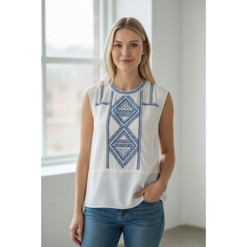 Veronica Beard Silk Baja Embroidered Sleeveless Top Size 8 Ivory Blue Designer